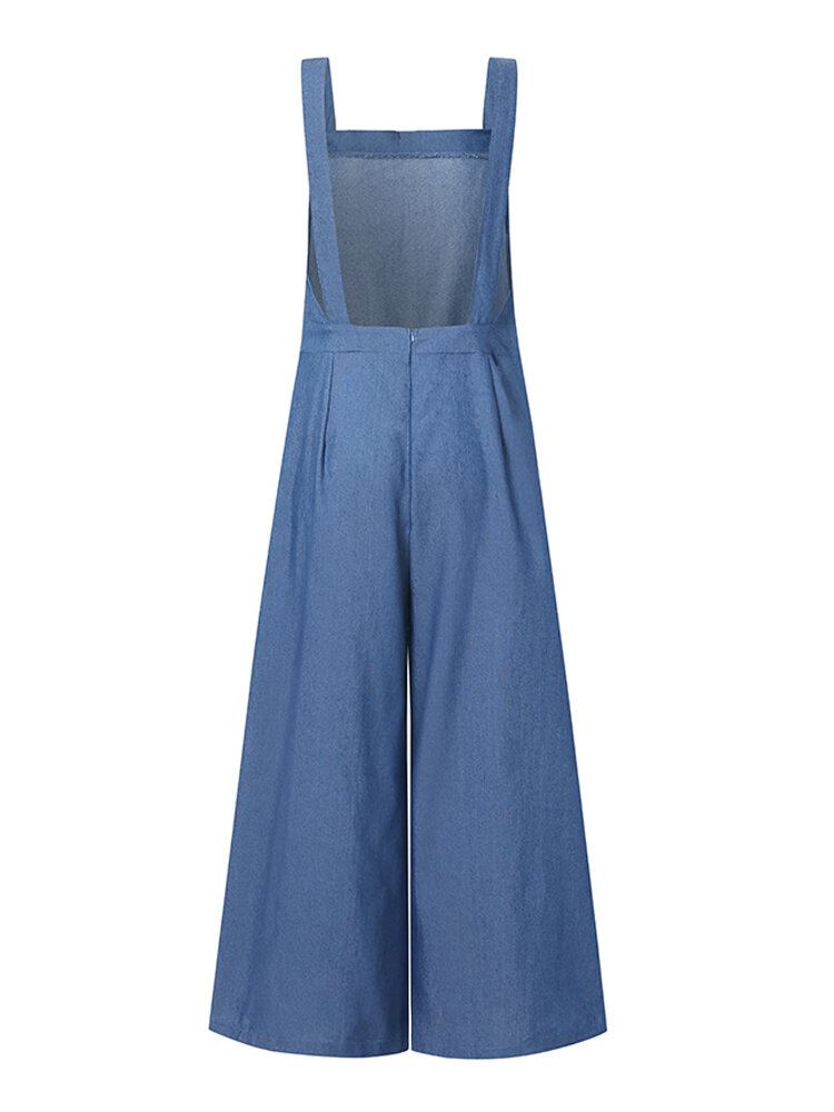 Dame Denim Ensfarvet Knap Løse Overalls Casual Jumpsuits Med Brede Ben Og Lommer