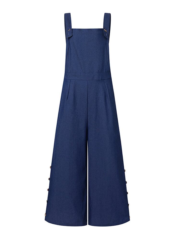 Dame Denim Ensfarvet Knap Løse Overalls Casual Jumpsuits Med Brede Ben Og Lommer