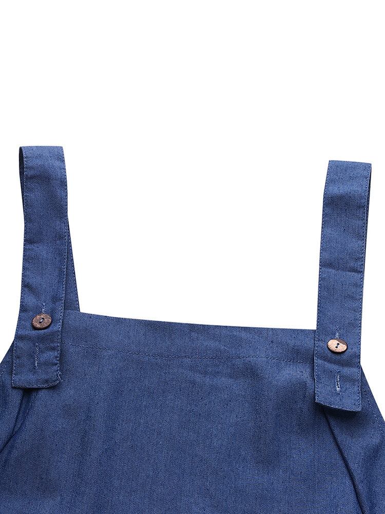 Dame Denim Ensfarvet Knap Løse Overalls Casual Jumpsuits Med Brede Ben Og Lommer