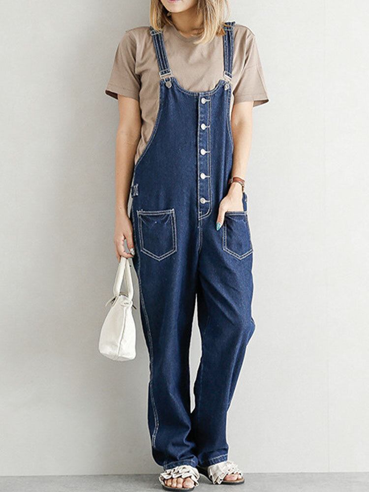 Dame Denim Med Massiv Knaplomme Casual Jumpsuit Med Høj Talje