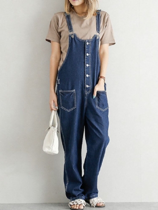 Dame Denim Med Massiv Knaplomme Casual Jumpsuit Med Høj Talje