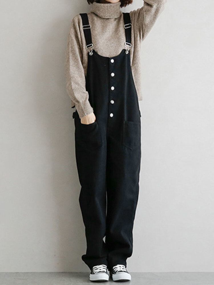 Dame Denim Med Massiv Knaplomme Casual Jumpsuit Med Høj Talje