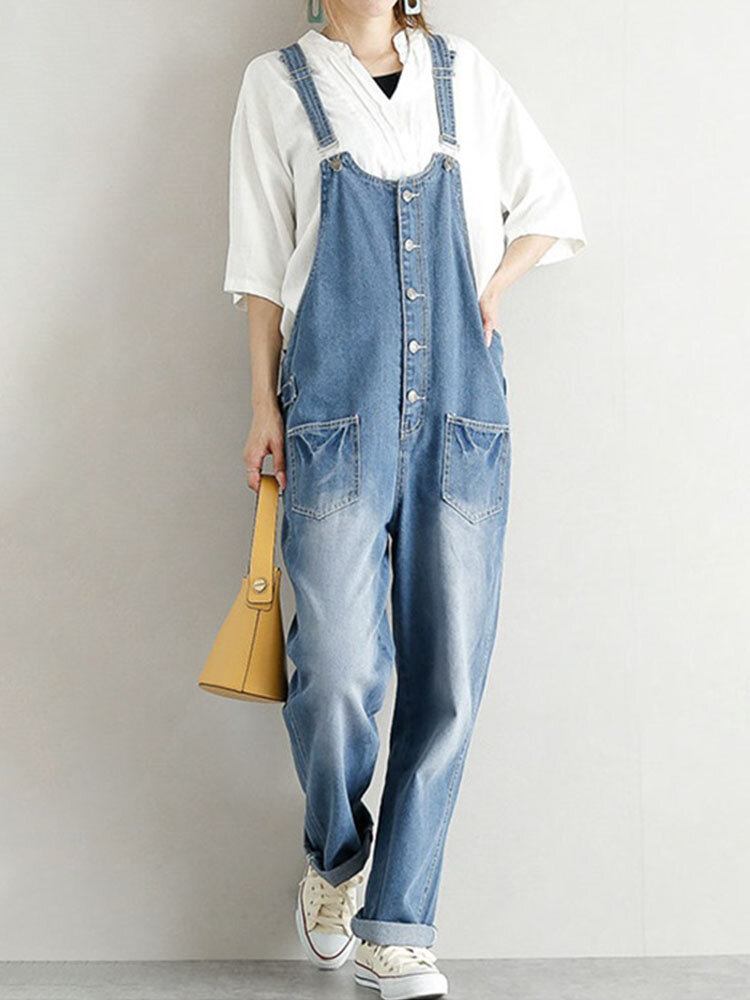 Dame Denim Med Massiv Knaplomme Casual Jumpsuit Med Høj Talje