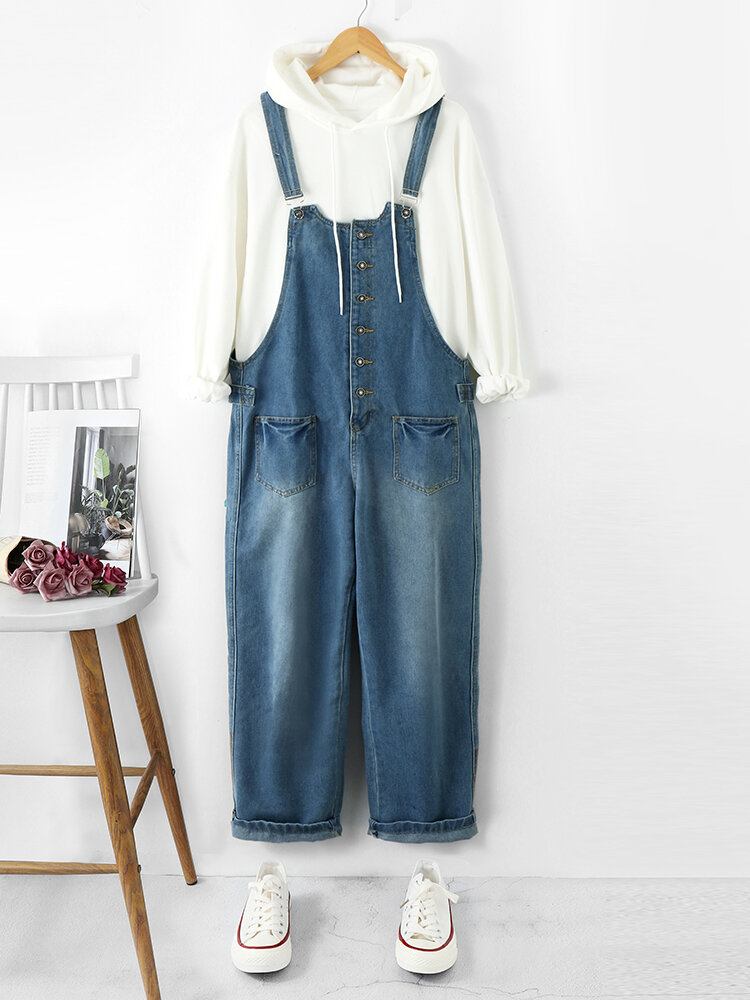 Dame Denim Med Massiv Knaplomme Casual Jumpsuit Med Høj Talje