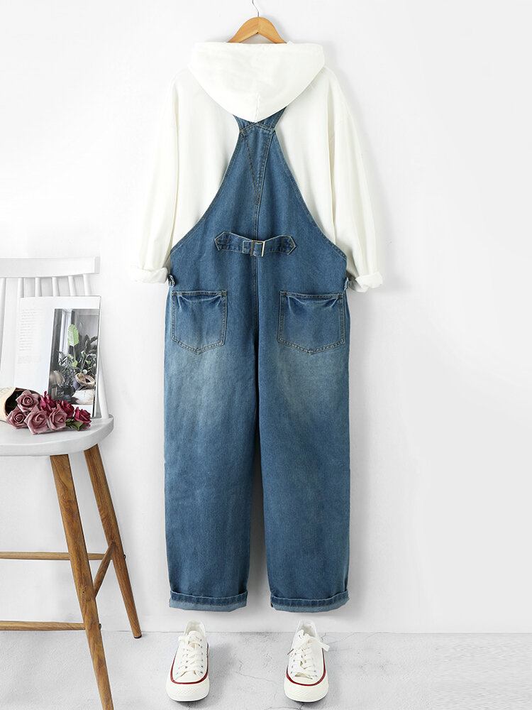 Dame Denim Med Massiv Knaplomme Casual Jumpsuit Med Høj Talje