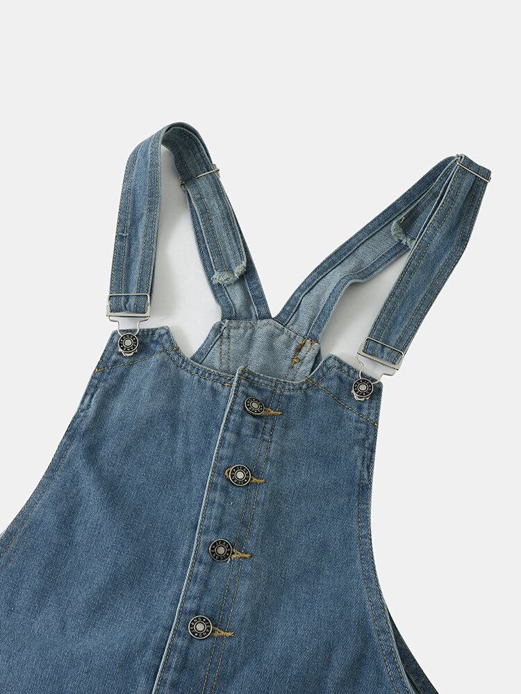 Dame Denim Med Massiv Knaplomme Casual Jumpsuit Med Høj Talje