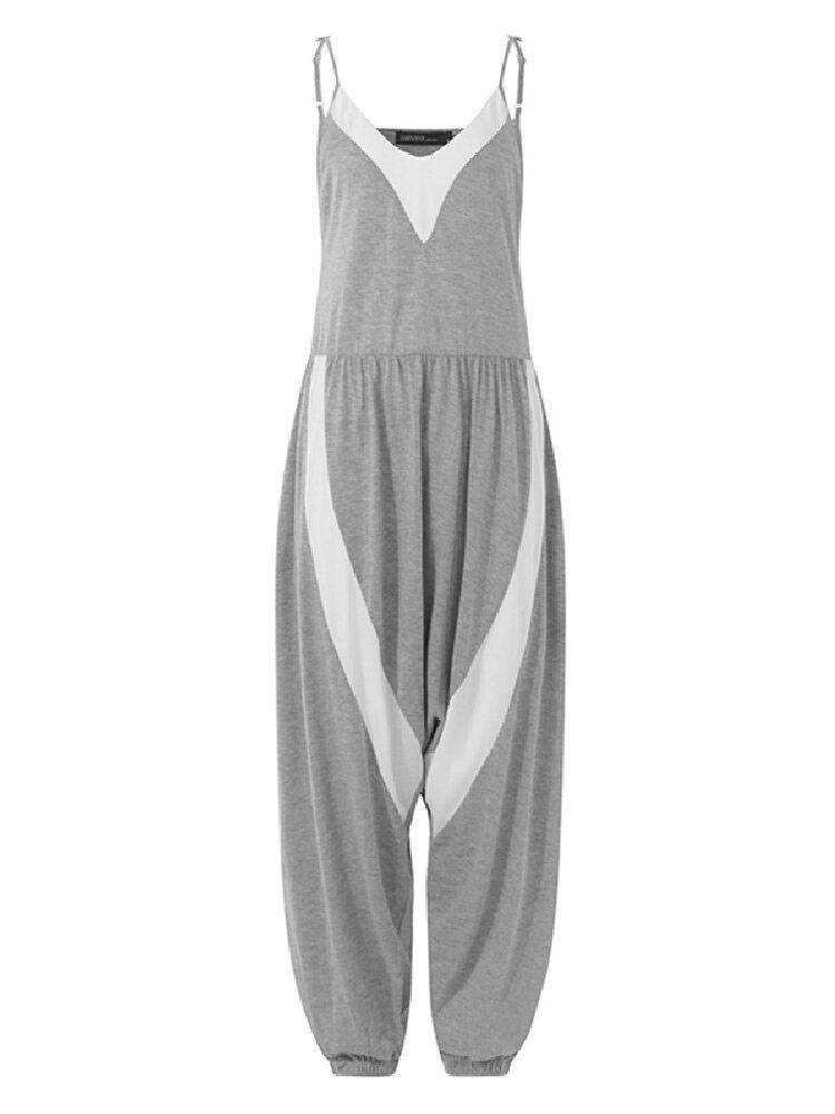 Dame Patchwork V-hals Ærmeløs Sling Strikket Casual Løs Jumpsuit