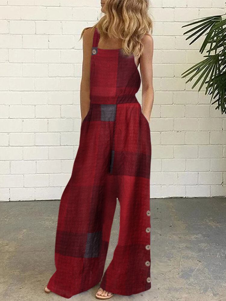 Dame Plaid Ærmeløs Sideknap Brede Ben Casual Jumpsuits Med Lomme