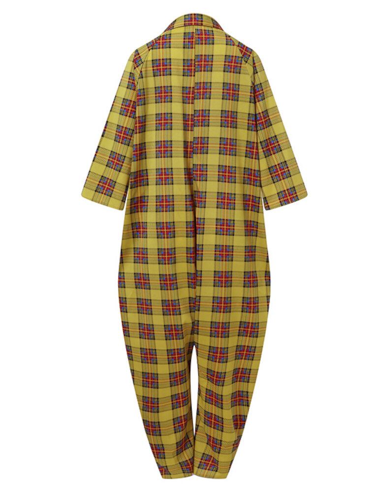 Dame Plaid Mønster Lang Revers Knap Løse Afslappede Street Jumpsuits