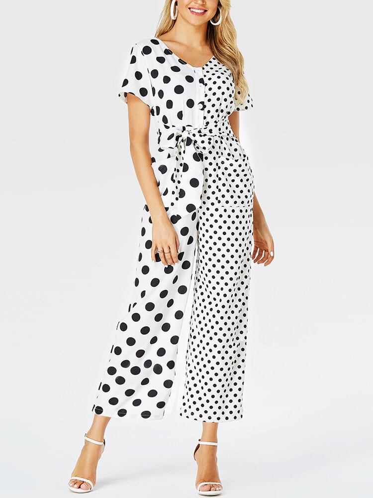 Dame Polka Dots Print Patchwork Knyttet Kortærmet Casual Jumpsuit Med Lomme