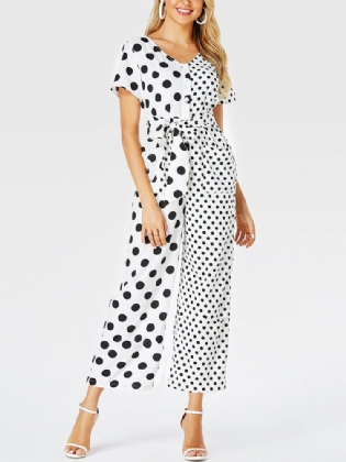 Dame Polka Dots Print Patchwork Knyttet Kortærmet Casual Jumpsuit Med Lomme