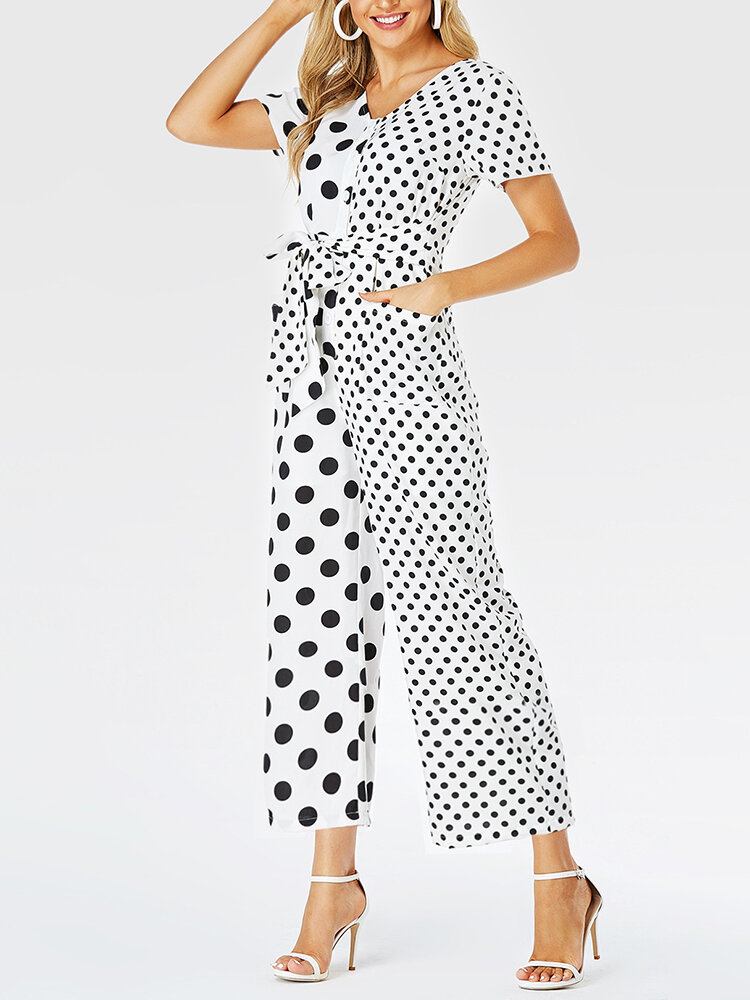 Dame Polka Dots Print Patchwork Knyttet Kortærmet Casual Jumpsuit Med Lomme