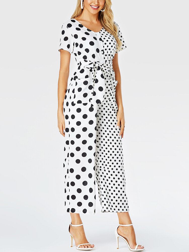 Dame Polka Dots Print Patchwork Knyttet Kortærmet Casual Jumpsuit Med Lomme