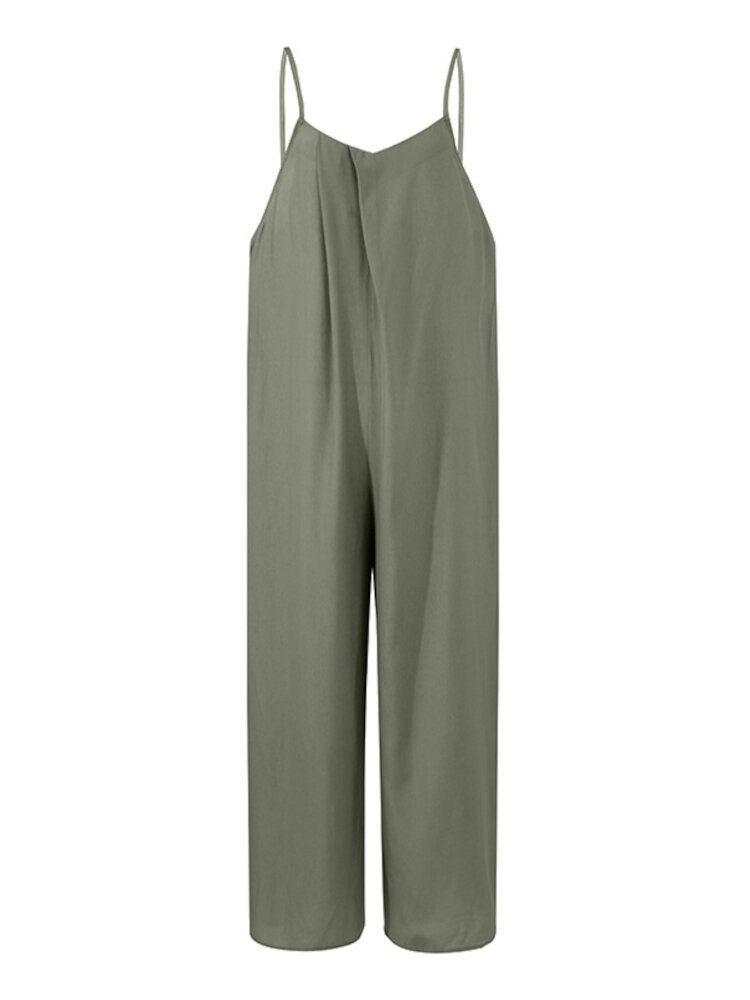 Dame Pure Color Justerbar Strappy Casual Jumpsuits Med Brede Ben Med Lomme