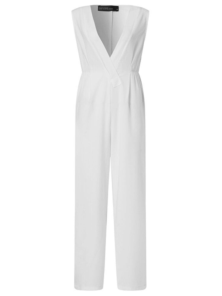 Dame V-hals Ærmeløs Elastisk Talje Stilfuld Casual Jumpsuit Med Lomme