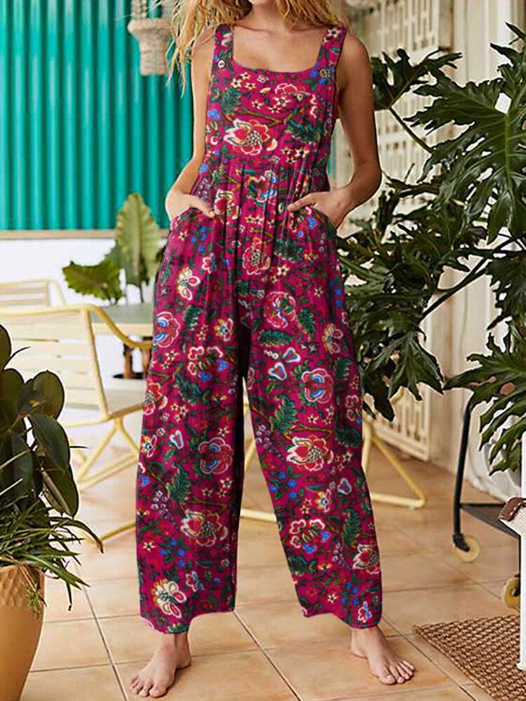 Damer All Over Blomsterprint Dobbeltlomme Retro Strappy Jumpsuits