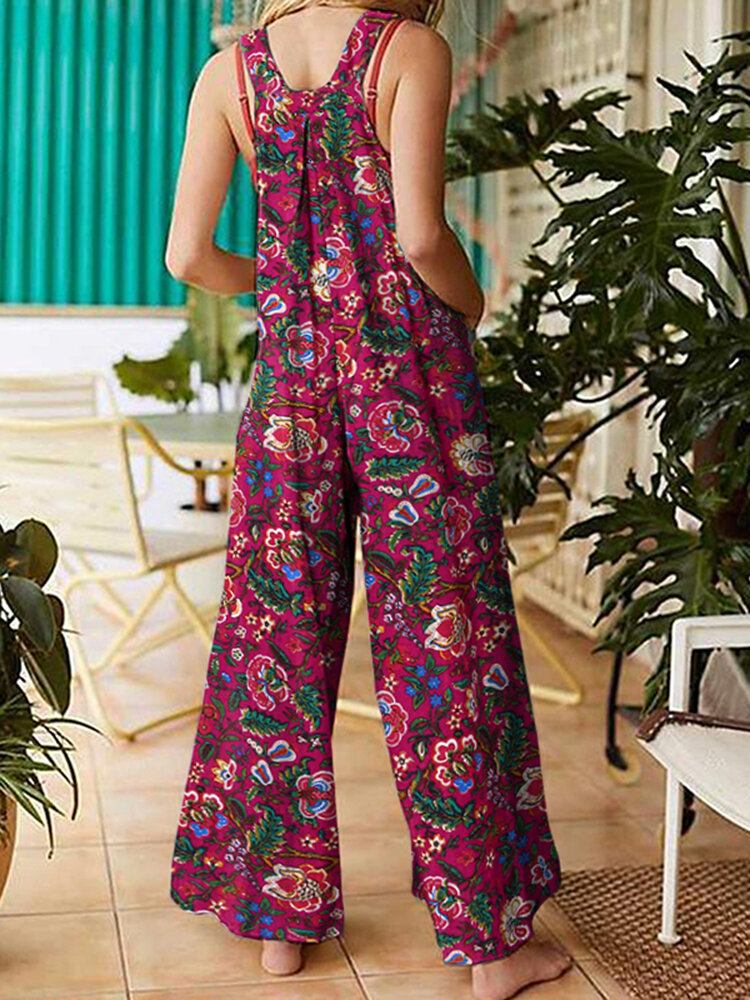 Damer All Over Blomsterprint Dobbeltlomme Retro Strappy Jumpsuits