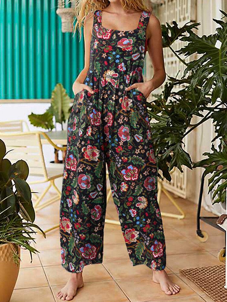 Damer All Over Blomsterprint Dobbeltlomme Retro Strappy Jumpsuits