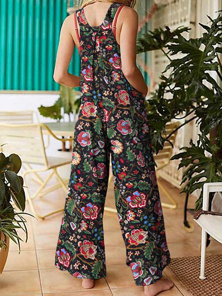 Damer All Over Blomsterprint Dobbeltlomme Retro Strappy Jumpsuits