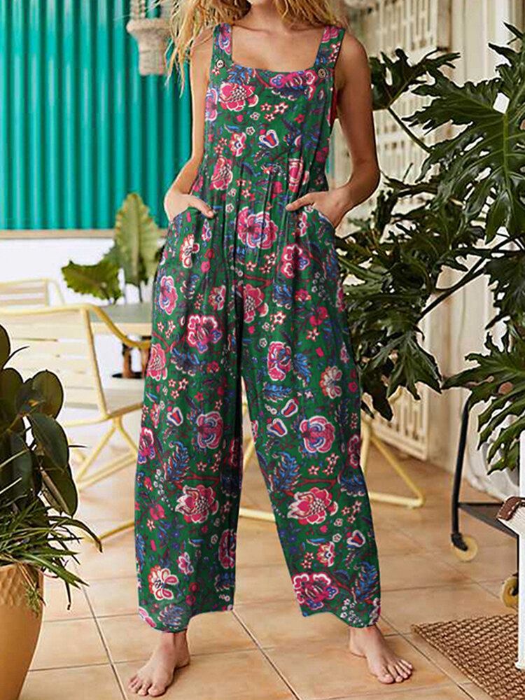 Damer All Over Blomsterprint Dobbeltlomme Retro Strappy Jumpsuits