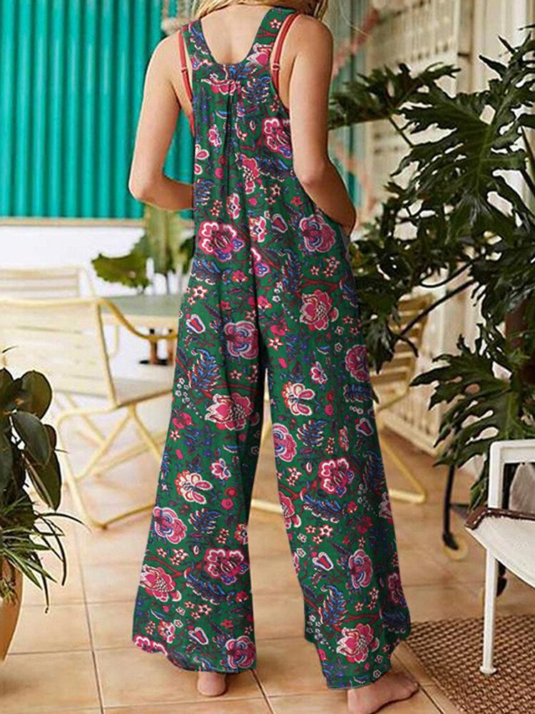 Damer All Over Blomsterprint Dobbeltlomme Retro Strappy Jumpsuits