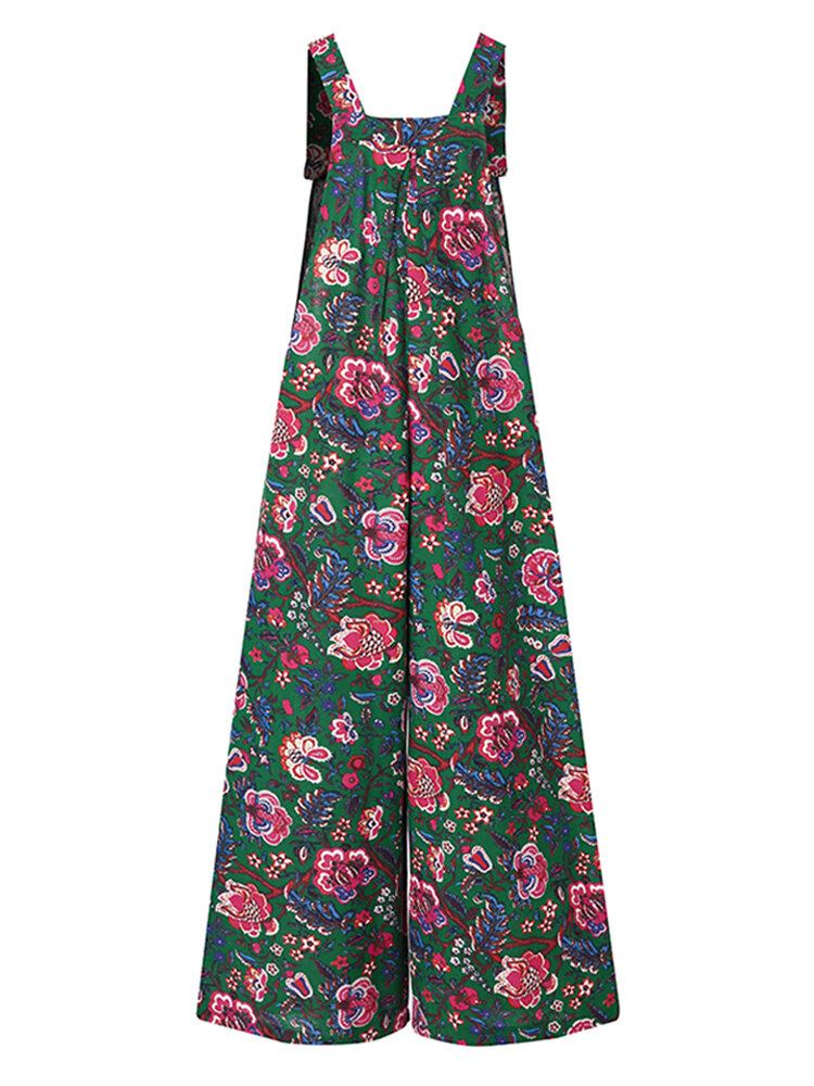 Damer All Over Blomsterprint Dobbeltlomme Retro Strappy Jumpsuits