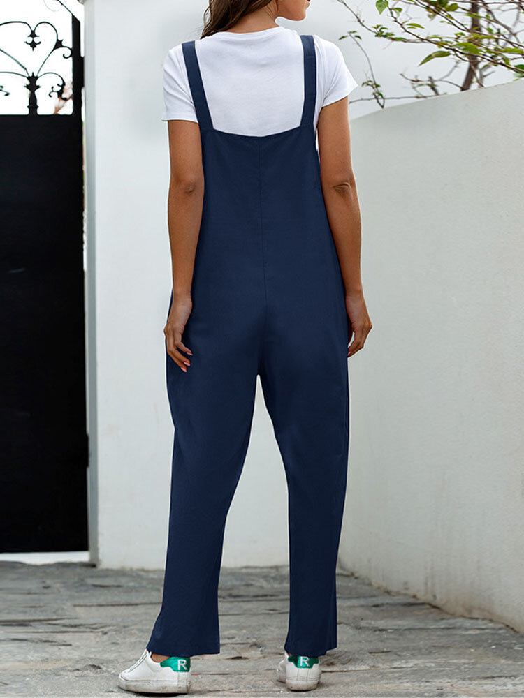 Ensfarvet Ærmeløs Knap Casual Pocket Jumpsuit Til Kvinder