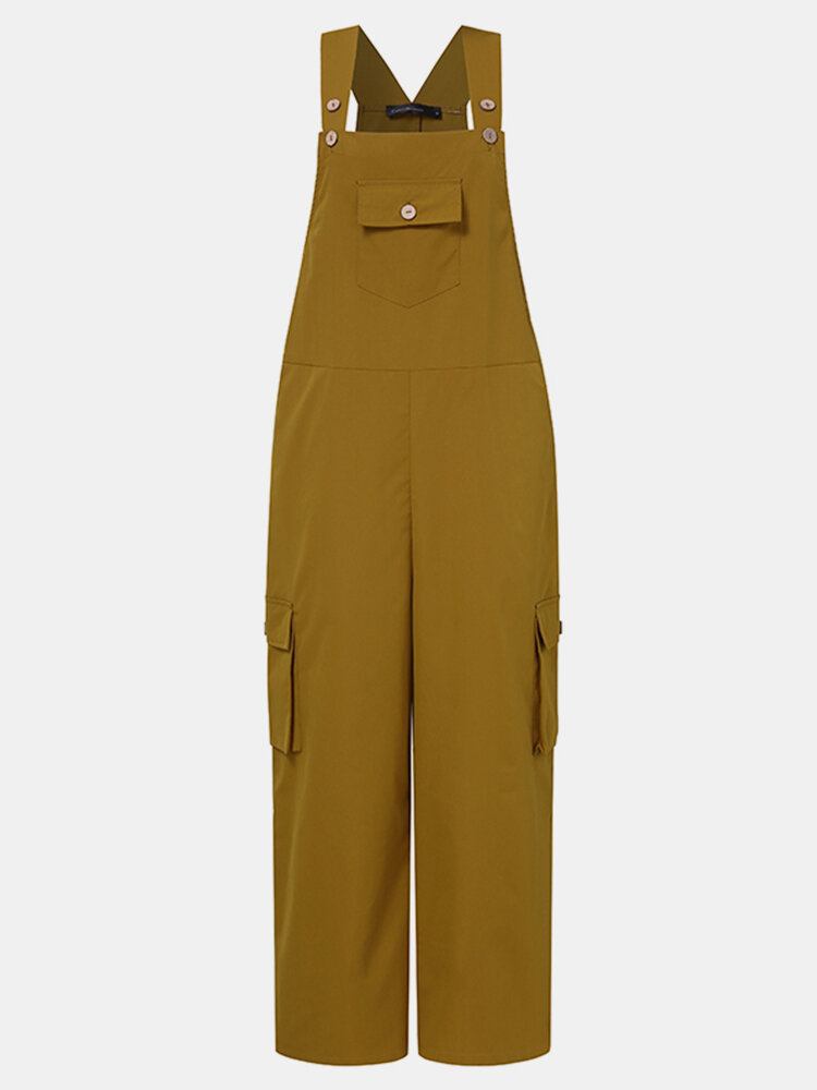 Ensfarvet Firkantet Krave Ærmeløs Strappy Jumpsuit Med Sidelommer