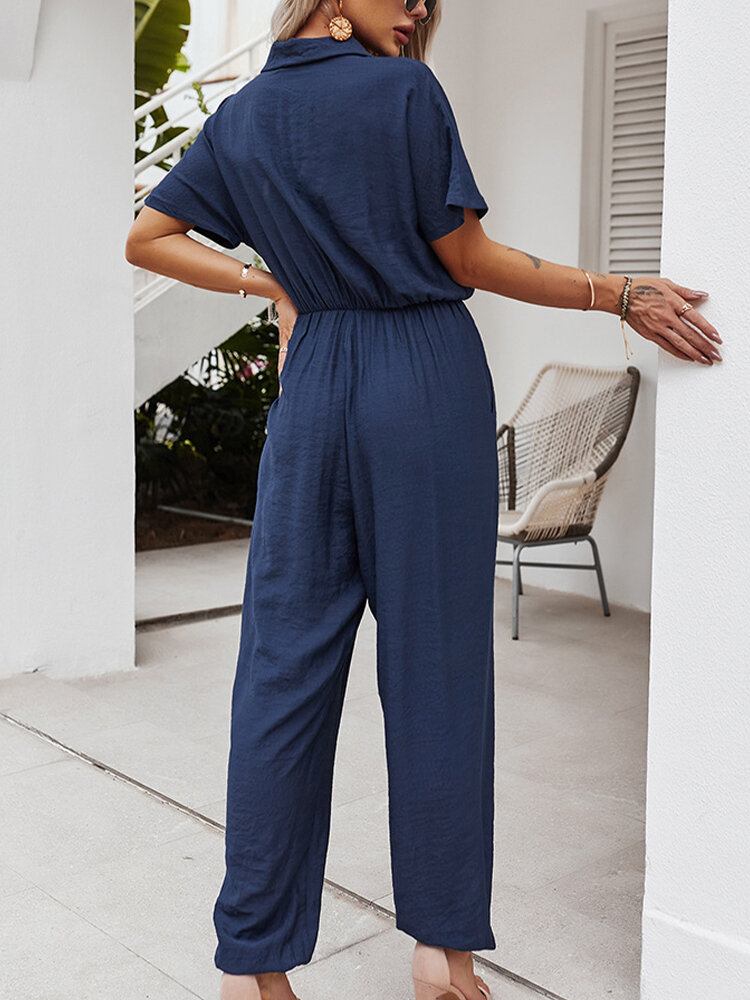 Ensfarvet Knaplomme Høj Elastisk Talje Løs Jumpsuit