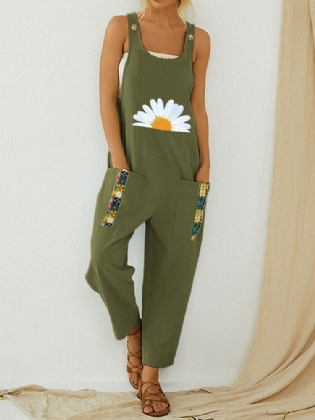 Flower Tribal Pattern Pocket Jumpsuit Til Kvinder Uden Ærmer