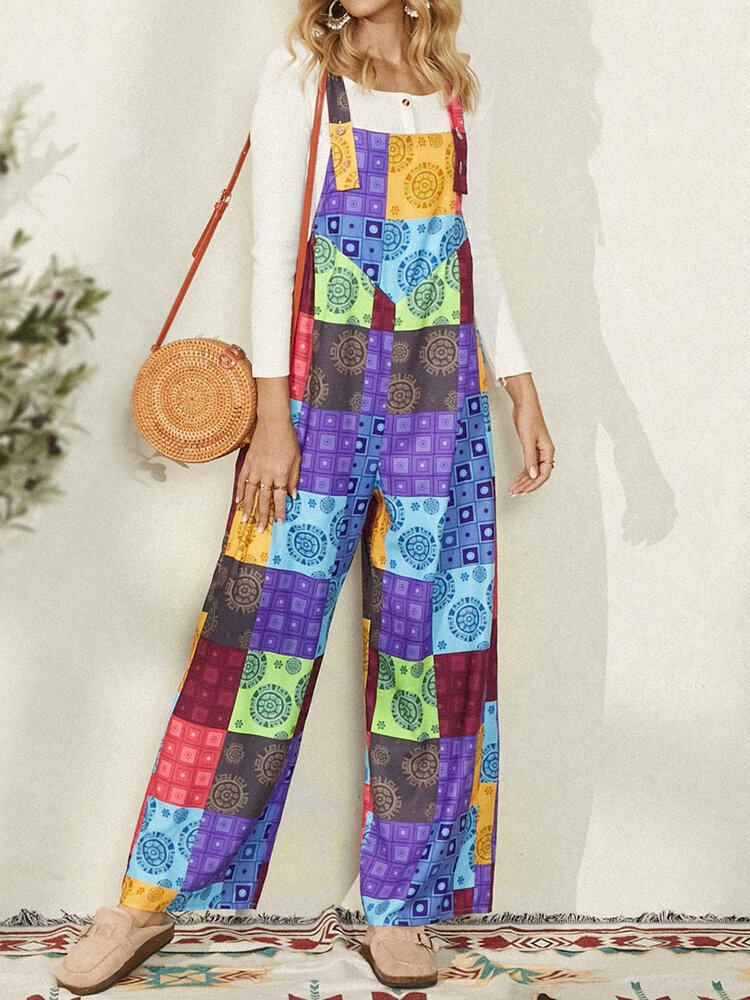 Kvinder Ærmeløs Colorblock Etnisk Casual Jumpsuit Med Sidelomme