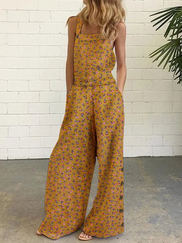 Kvinder Bomuld Blomsterprint Sideknap Bredt Ben Ærmeløse Vintage Jumpsuits Med Lomme