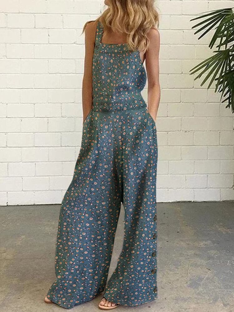 Kvinder Bomuld Blomsterprint Sideknap Bredt Ben Ærmeløse Vintage Jumpsuits Med Lomme