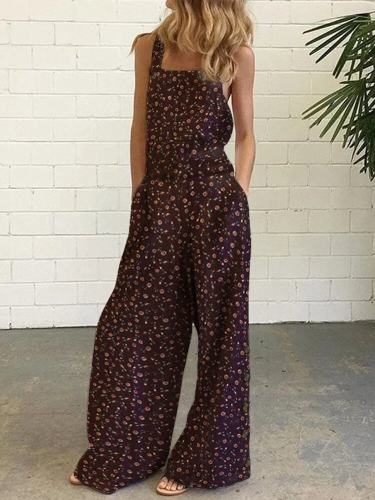 Kvinder Bomuld Blomsterprint Sideknap Bredt Ben Ærmeløse Vintage Jumpsuits Med Lomme