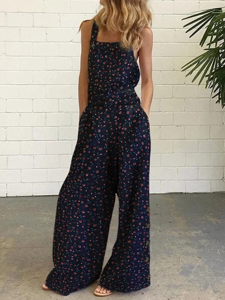 Kvinder Bomuld Blomsterprint Sideknap Bredt Ben Ærmeløse Vintage Jumpsuits Med Lomme