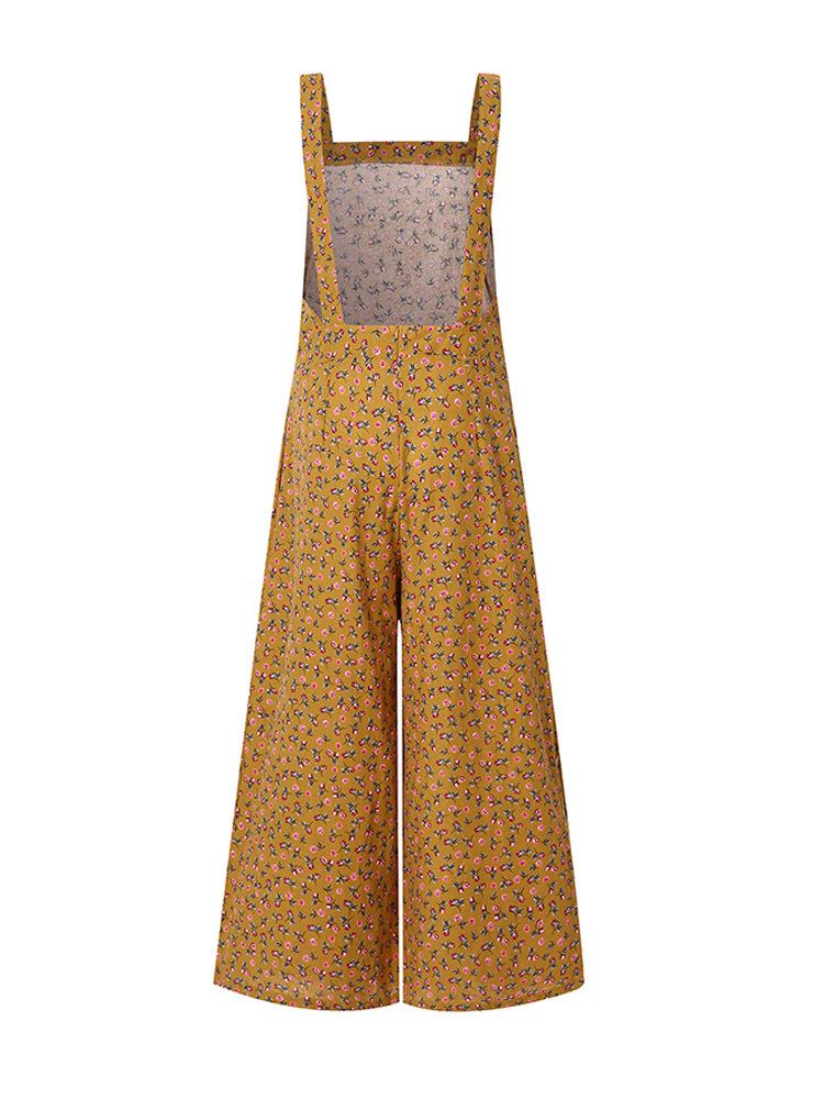 Kvinder Bomuld Blomsterprint Sideknap Bredt Ben Ærmeløse Vintage Jumpsuits Med Lomme