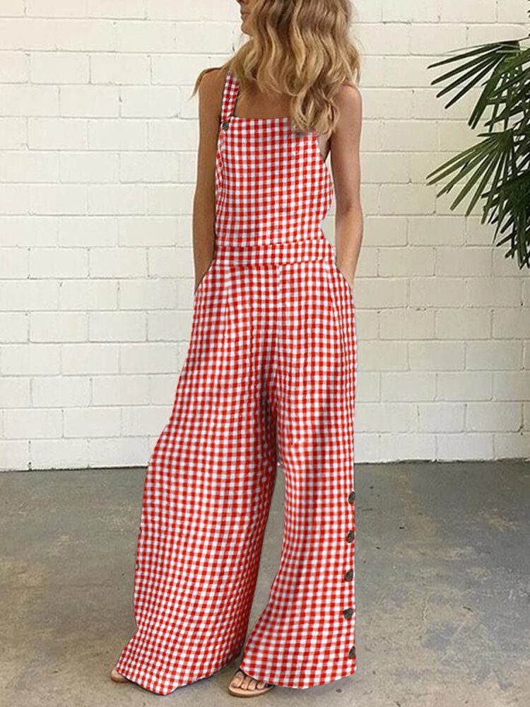 Kvinder Casual Ærmeløse Stropper Plaid Brede Ben Sideknapper Jumpsuits Med Lomme