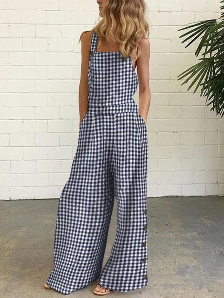 Kvinder Casual Ærmeløse Stropper Plaid Brede Ben Sideknapper Jumpsuits Med Lomme