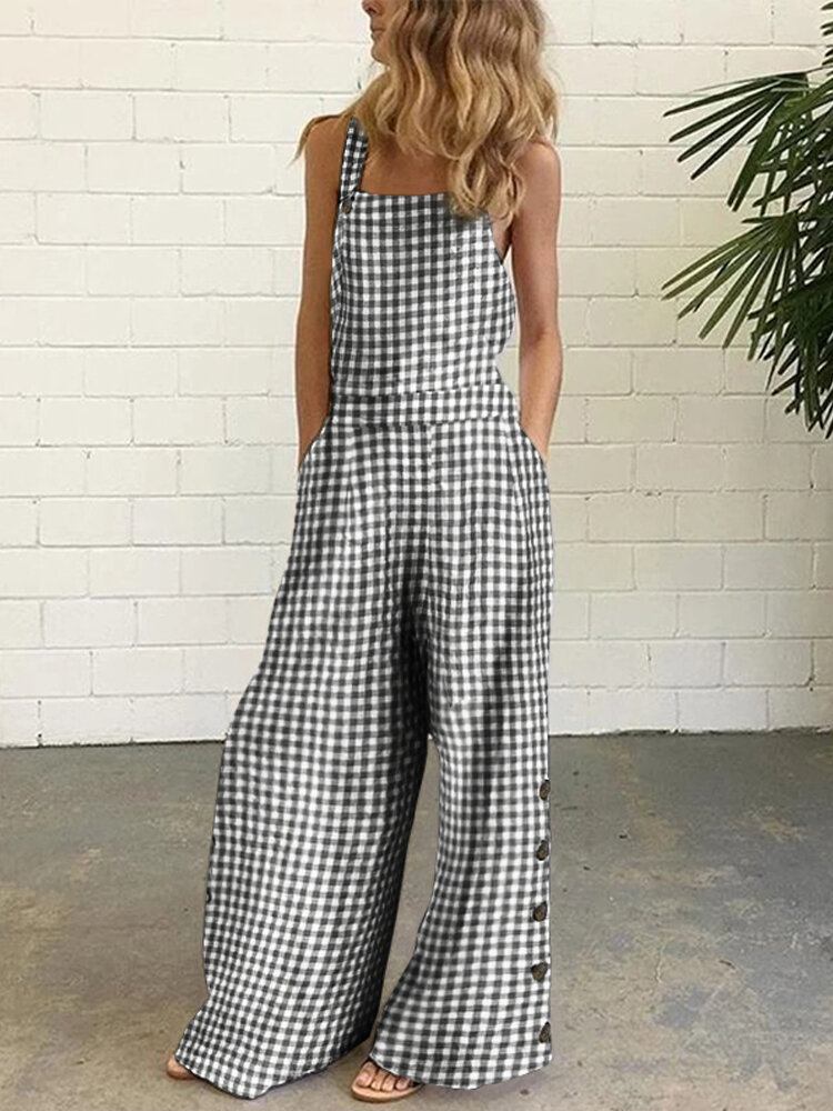 Kvinder Casual Ærmeløse Stropper Plaid Brede Ben Sideknapper Jumpsuits Med Lomme