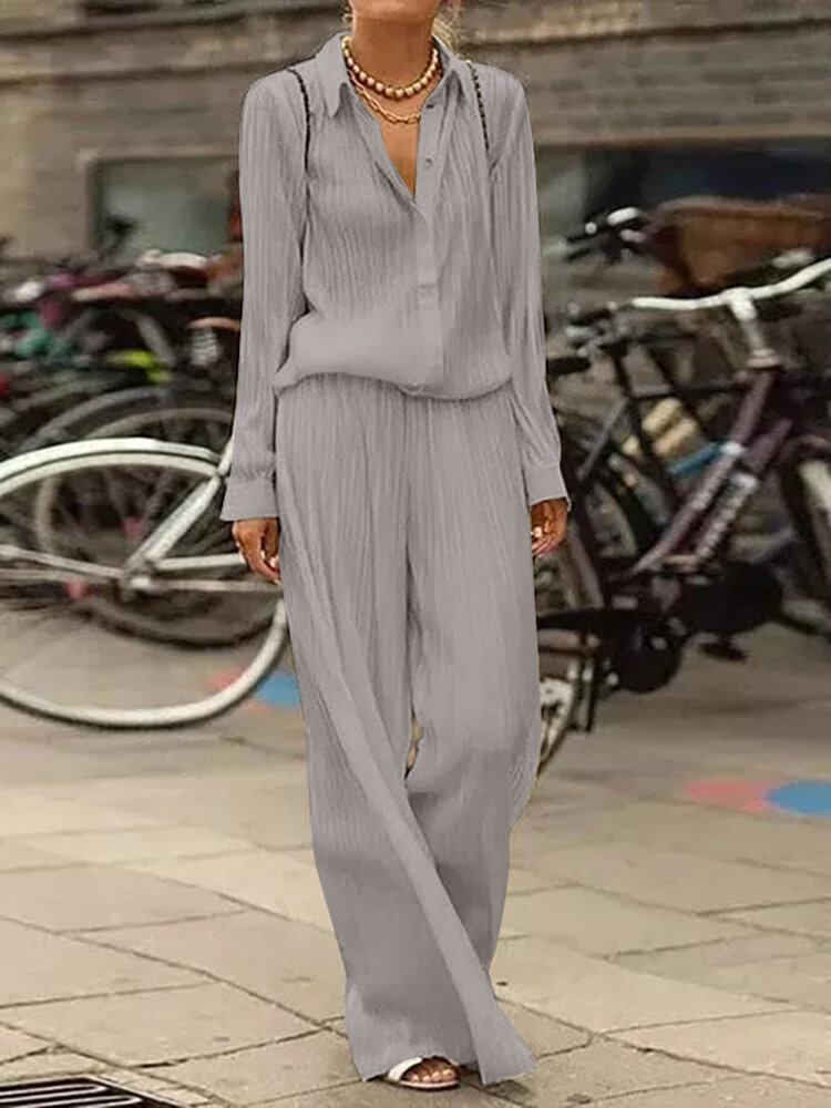 Kvinder Casual Plisseret Sidelomme Knapper Maxi Længde Revers Jumpsuits