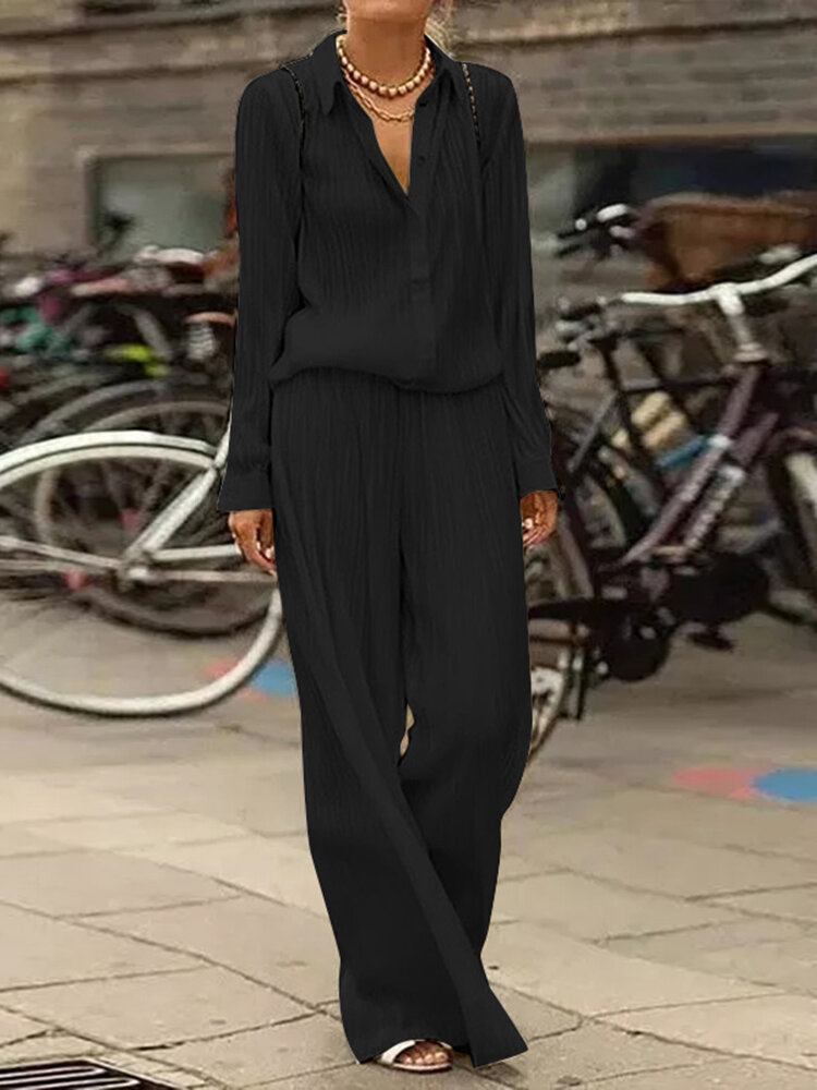 Kvinder Casual Plisseret Sidelomme Knapper Maxi Længde Revers Jumpsuits