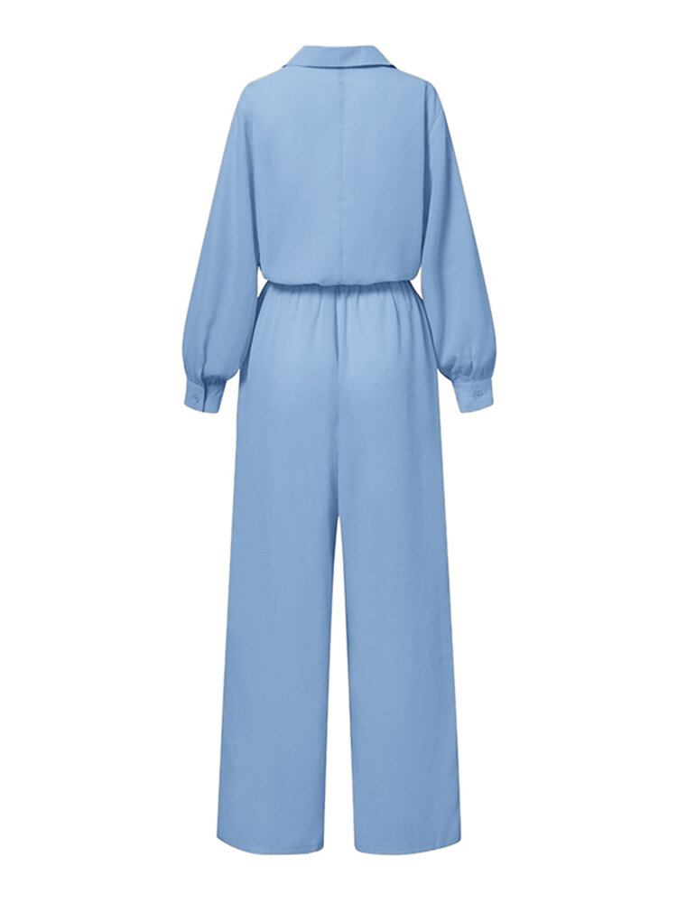 Kvinder Casual Plisseret Sidelomme Knapper Maxi Længde Revers Jumpsuits