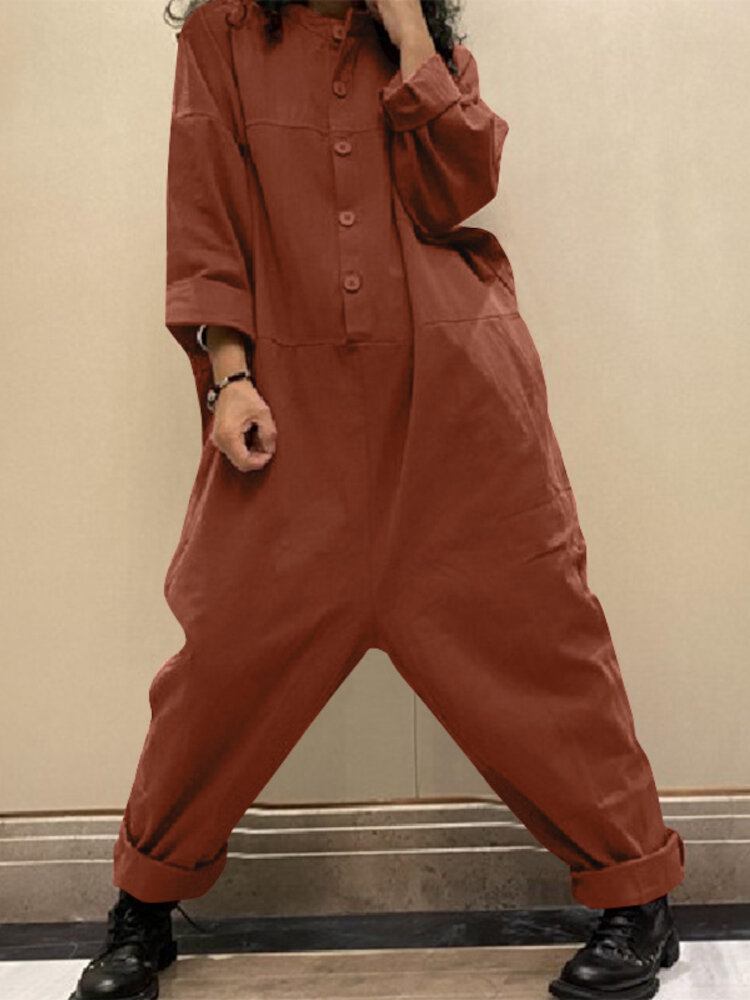 Kvinder Corduroy Ensfarvet Halv-knap Langærmet Vintage Casual Cargo Jumpsuit Med Lomme