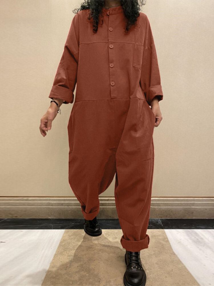 Kvinder Corduroy Ensfarvet Halv-knap Langærmet Vintage Casual Cargo Jumpsuit Med Lomme