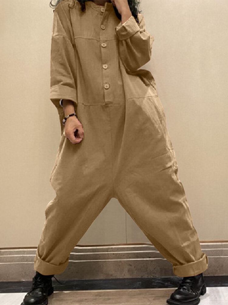 Kvinder Corduroy Ensfarvet Halv-knap Langærmet Vintage Casual Cargo Jumpsuit Med Lomme