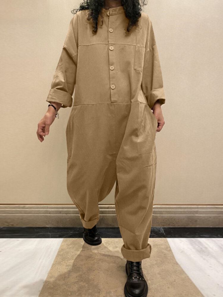 Kvinder Corduroy Ensfarvet Halv-knap Langærmet Vintage Casual Cargo Jumpsuit Med Lomme