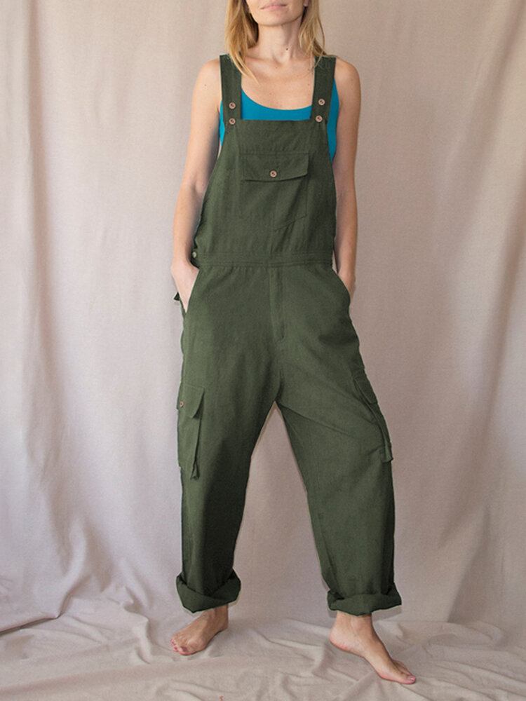 Kvinder Ensfarvede Stropper Knapdetalje Forlomme Casual Løs Cargo Jumpsuit