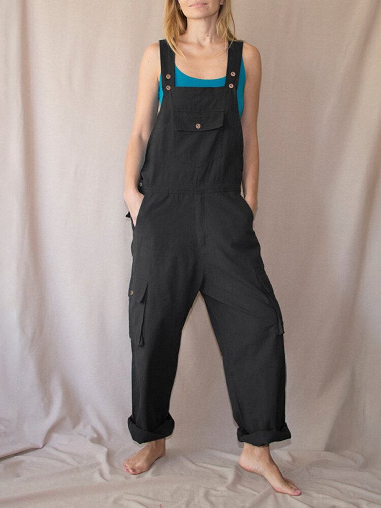 Kvinder Ensfarvede Stropper Knapdetalje Forlomme Casual Løs Cargo Jumpsuit