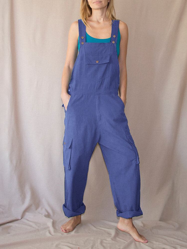 Kvinder Ensfarvede Stropper Knapdetalje Forlomme Casual Løs Cargo Jumpsuit