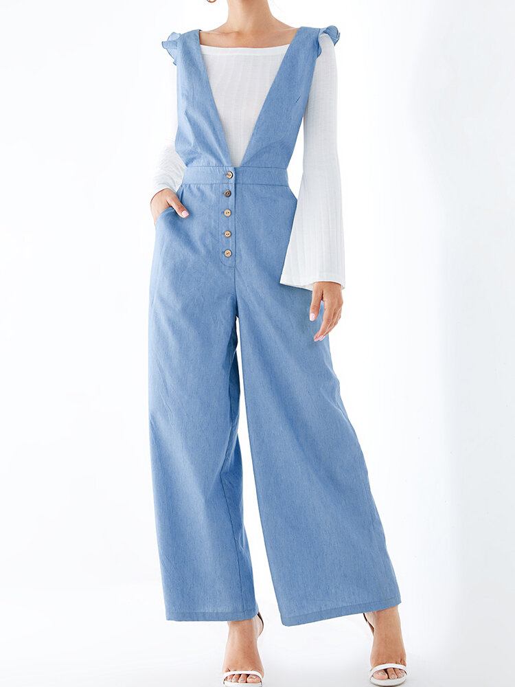 Kvinder Ensfarvet Almindelig V-hals Knaplomme Casual Ryg Krydsende Jumpsuit